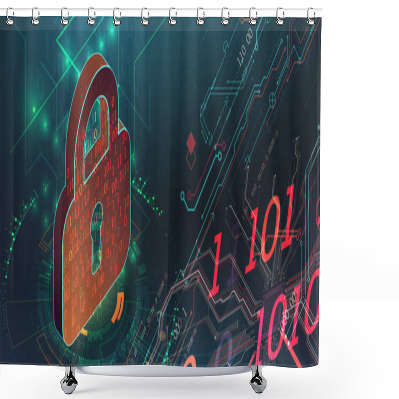 Personality  Cyber Defense Project. Padlock On A Digital Background. Hand Drawn. Vector. Shower Curtains