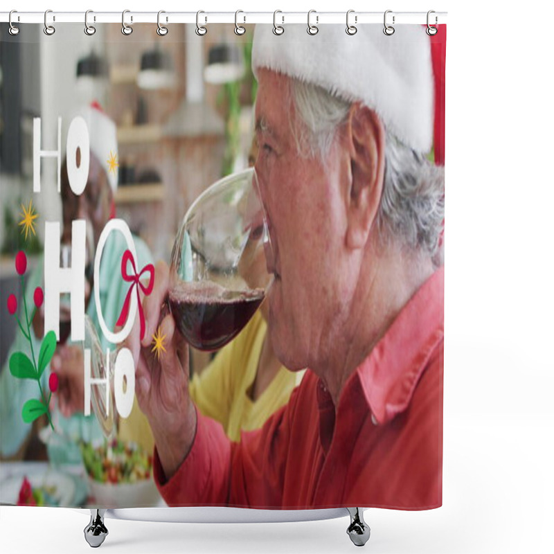 Personality  Image Of Christmas Greetings Text Over Senior Diverse Friends At Christmas Meal Table. Christmas Tradition, Celebration And Festivity Concept Digitally Generated Image. Shower Curtains