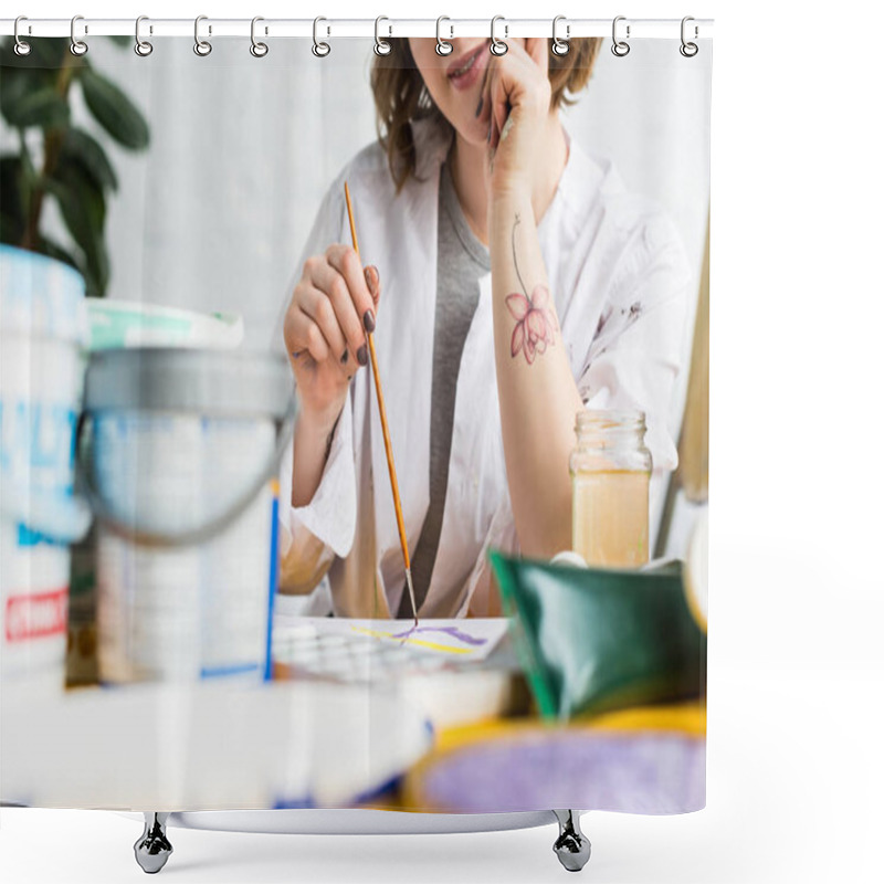 Personality  Young Inspired Girl Making Paint Samples In Light Studio Shower Curtains