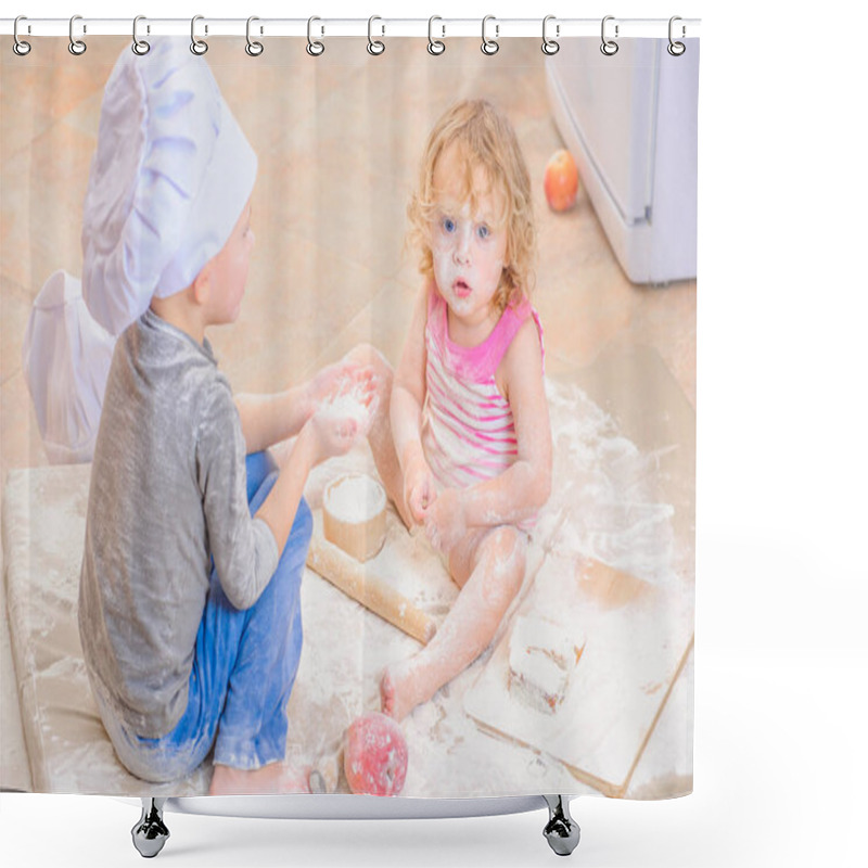 Personality  Two Siblings - Boy And Girl - In Chef's Hats Sitting On The Kitc Shower Curtains