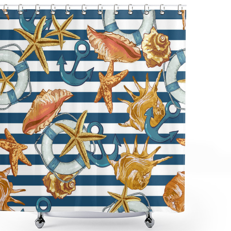 Personality  Summer Seamless Pattern With Sea Shells, Anchor Shower Curtains