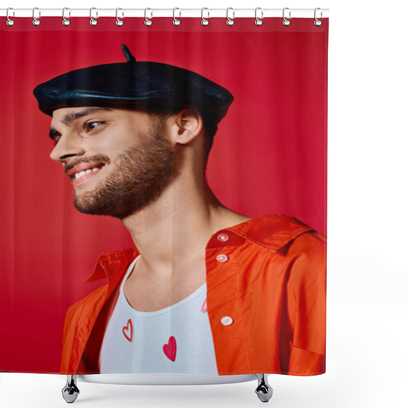 Personality  A Stylish Young Man With A Beret Wears A Heart-patterned Shirt Against A Bold Red Backdrop. Shower Curtains