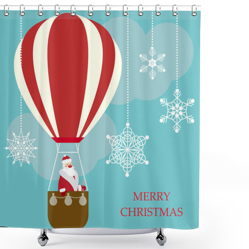 Personality  Funny Cartoon Winter Holidays Greeting Card With Santa Claus Flying In A Hot Air Balloon On A Bright Blue Sky Cover With Snowflakes Shower Curtains