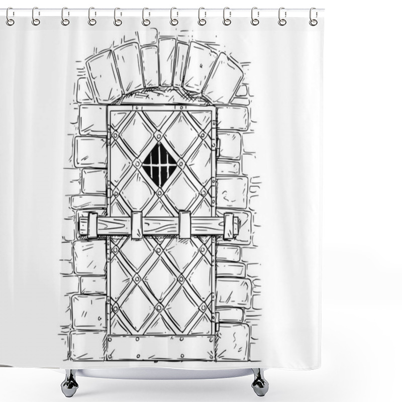 Personality  Cartoon Vector Drawing Of Wooden Medieval Door Closed By Latch Shower Curtains