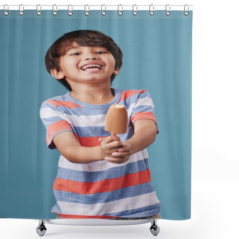 Personality  Portrait Of An Adorable Little Asian Boy Looking Happy While Enjoying A Sweet Treat Against A Blue Background. Mixed Race Child Eating A Sugar Dipped Popsicle As A Snack. Shower Curtains