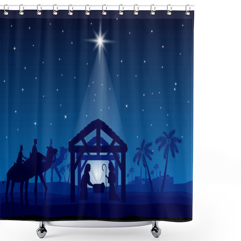 Personality  Traditional Christian Christmas Nativity Scene Of Baby Jesus In The Manger With Mary And Joseph In Silhouette Surrounded By The Animals And Wise Men In The Distance With The City Of Bethlehem Shower Curtains