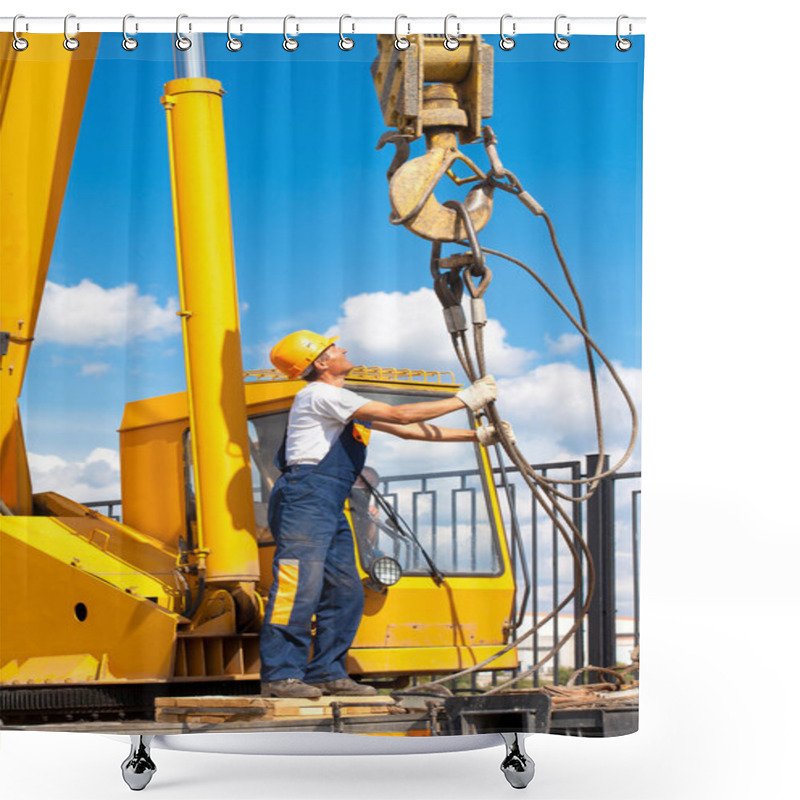 Personality  Construction Worker During Hoisting Works Shower Curtains