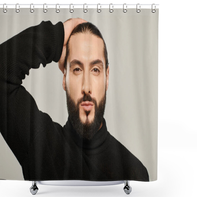 Personality  Handsome Middle Eastern Man In Black Turtleneck Posing Grey Background, Well-dressed And Groomed Shower Curtains