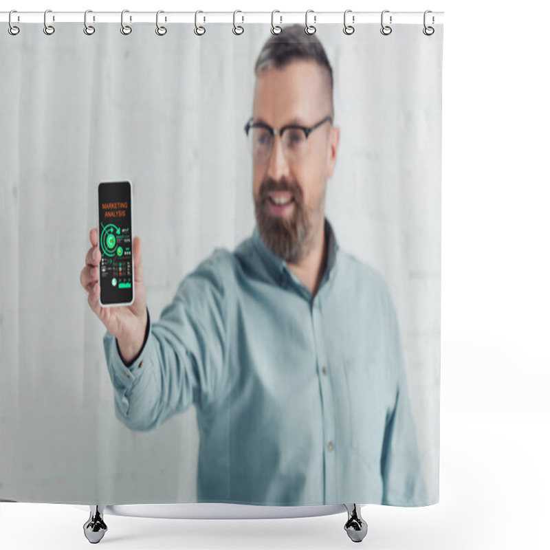 Personality  Selective Focus Of Handsome Businessman Holding Smartphone With Charts And Graphs Website  Shower Curtains