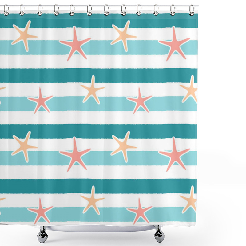 Personality  Cute Starfishes On Blue Stripes Background Seamless Vector Pattern Illustration Shower Curtains