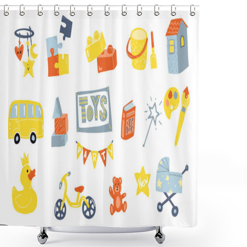 Personality  Toys Doodle Icons In Flat Style. Baby And Kids Toy. Icons For Baby Shop. Type Of Toys. Flat Design. Shower Curtains