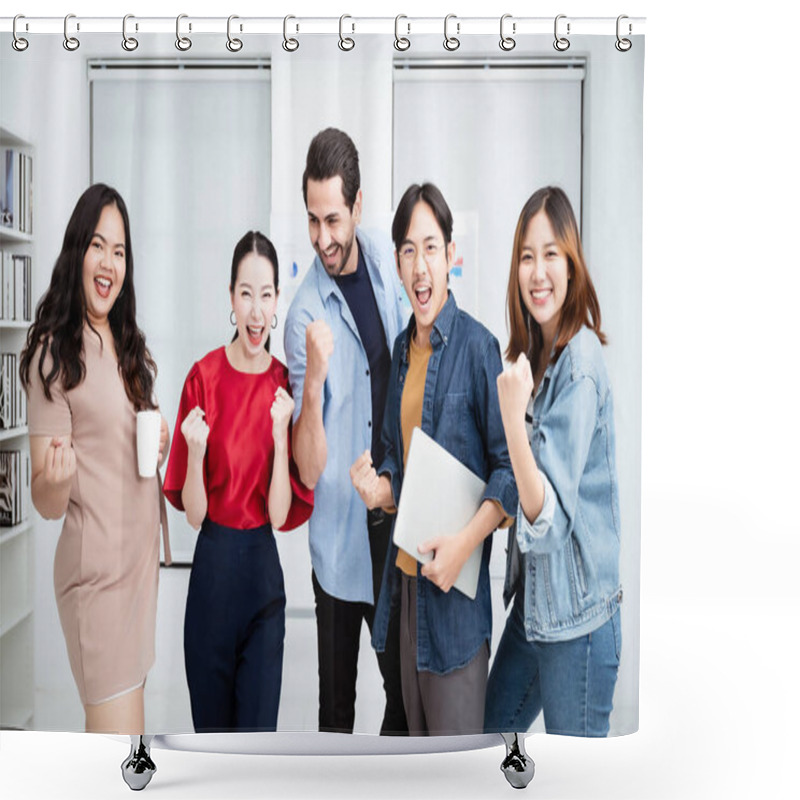 Personality  Portrait Of Business Teamwork Standing Together Feeling Happy And Smile. Multiethnic Diverse People Team Entrepreneur Startup Shower Curtains