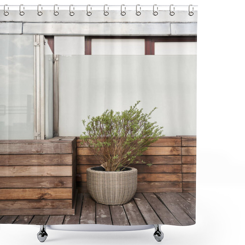 Personality  A Vibrant Potted Plant Brings Life To A Serene Wooden Deck, Creating A Tranquil And Inviting Outdoor Space Shower Curtains