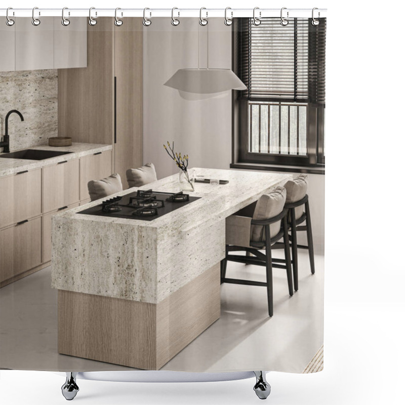 Personality  A 3d Render Modern Kitchen Interior With A Luxurious Stone Countertop Island, Gas Cooktop, And Plush Bar Stools Set Against A Wooden Finish Shower Curtains