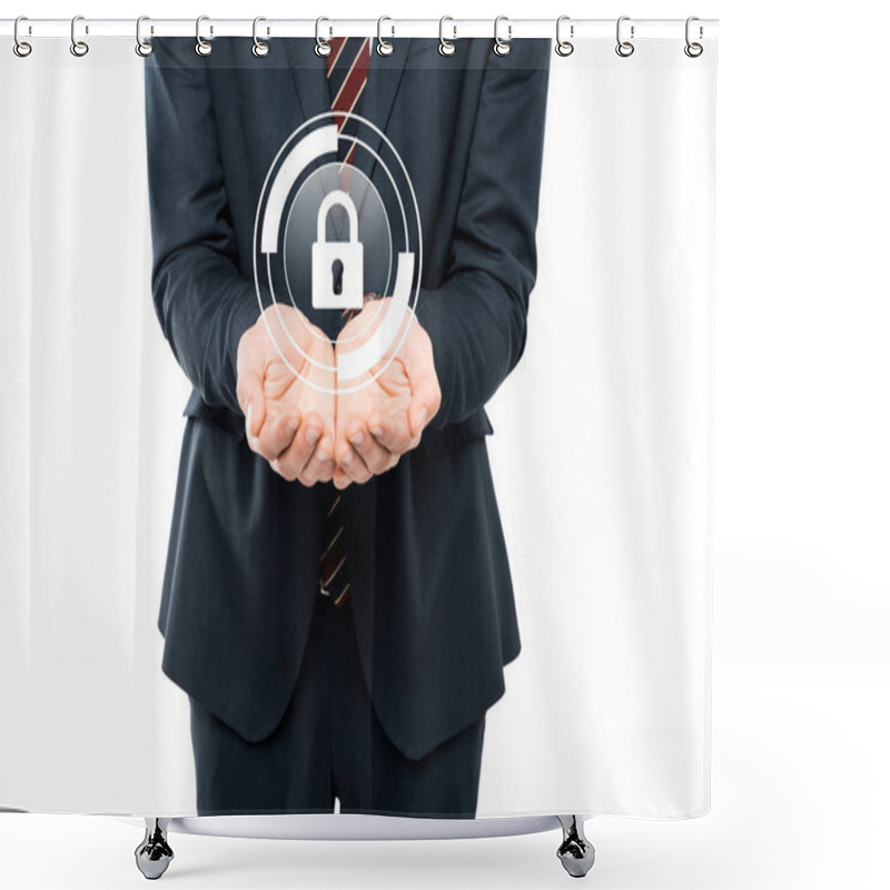 Personality  Cropped View Of Businessman With Cupped Hands Near Virtual Padlock Isolated On White  Shower Curtains