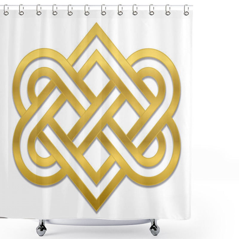 Personality  Celtic Love Knot. Ancient Golden Heart Shaped Sign Representing The Connectedness Of Of Two Loving People. Isolated Vector Illustration On White Background. Shower Curtains