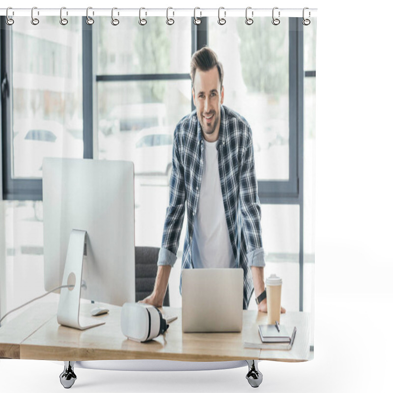 Personality  Young Man Smiling At Camera While Leaning At Table With Laptop And Desktop Computer Shower Curtains