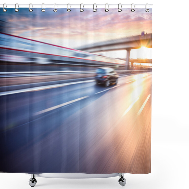 Personality  Car Driving On Freeway At Sunset, Motion Blur  Shower Curtains