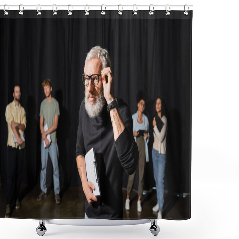 Personality  Tattooed Teacher Adjusting Glasses Near Interracial Students. Translation Of Tattoo: You Have To Dig Deep Wells If You Want To Get Clear Water Shower Curtains