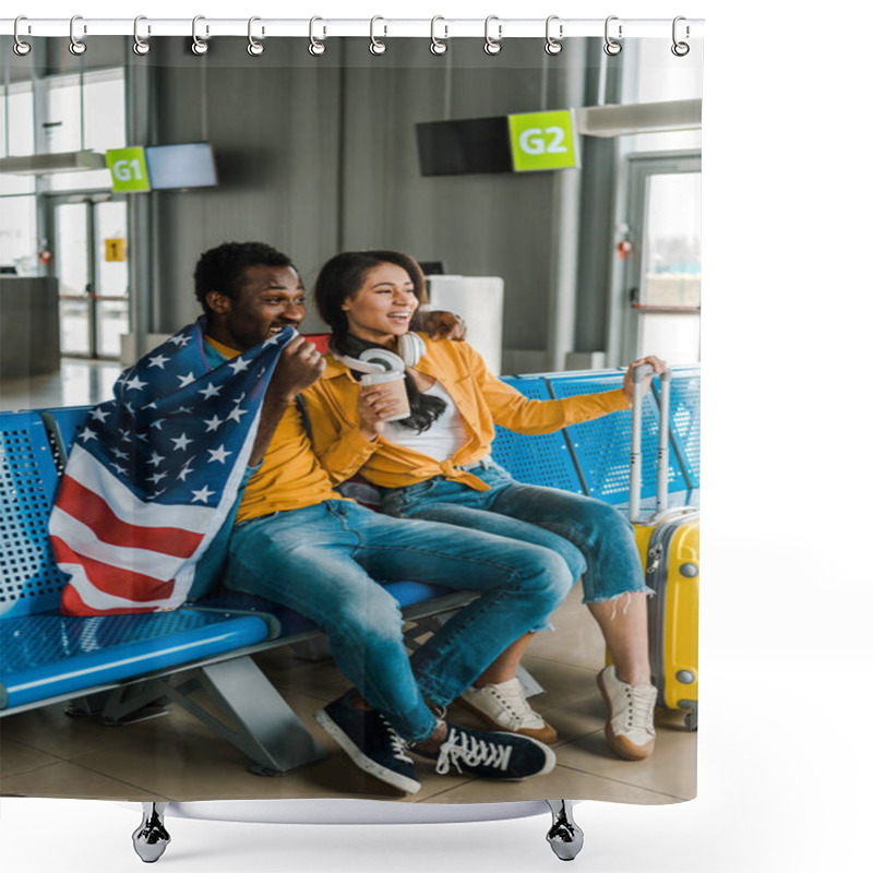 Personality  Happy African American Couple Sitting With American Flag And Luggage In Departure Lounge In Airport  Shower Curtains