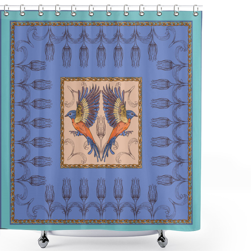 Personality  A Scarf With Flying Orange Birds On A Blue Background. Shower Curtains