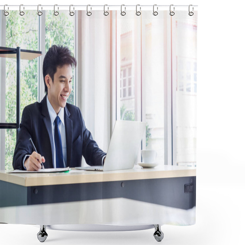 Personality  Young Smiling Asian Businessman In Suit Working With Laptop Computer In Office. Man In Suit Using Laptop In Well-lit Workplace. Shower Curtains