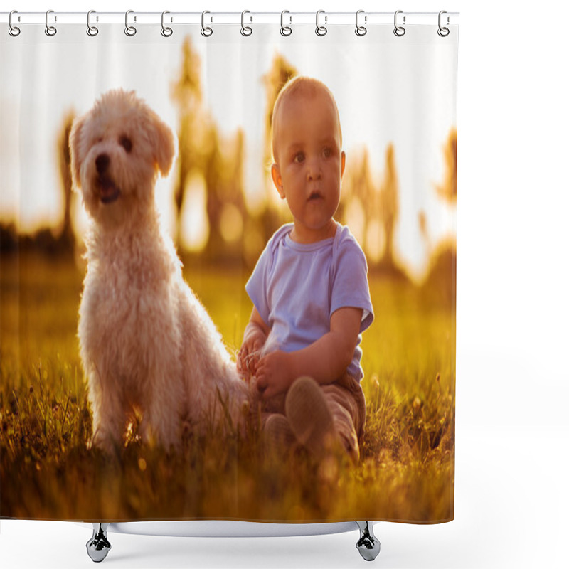 Personality  Happy Baby Boy Playing With His Dog  Shower Curtains