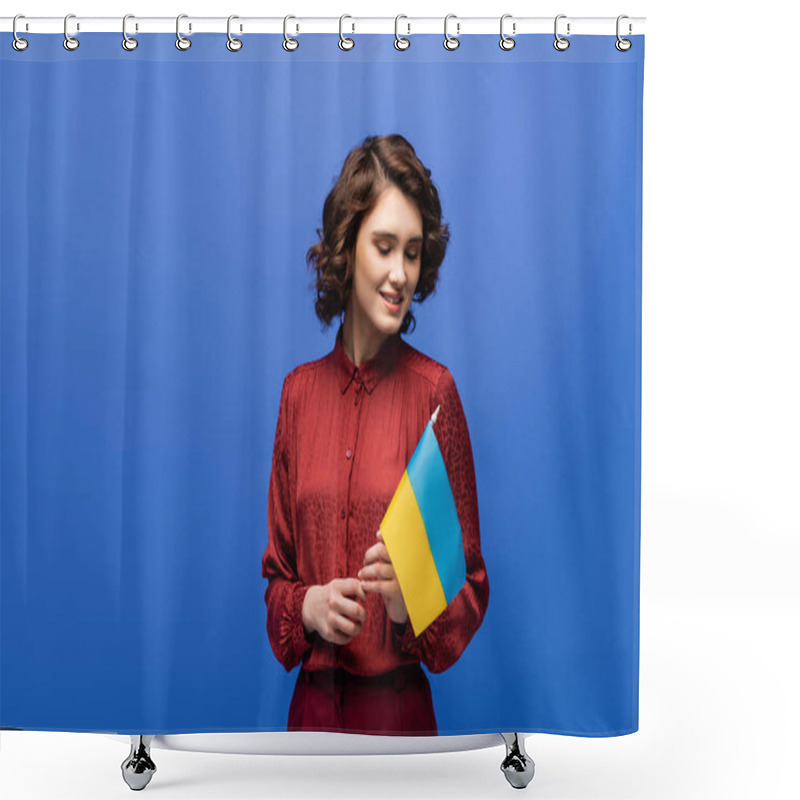 Personality  Joyful Language Teacher Holding Flag Of Ukraine And Smiling Isolated On Blue  Shower Curtains