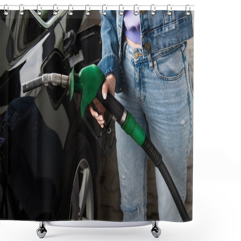 Personality  Partial View Of Woman In Jeans Holding Fuel Pistol Near Car On Gasoline Station Shower Curtains