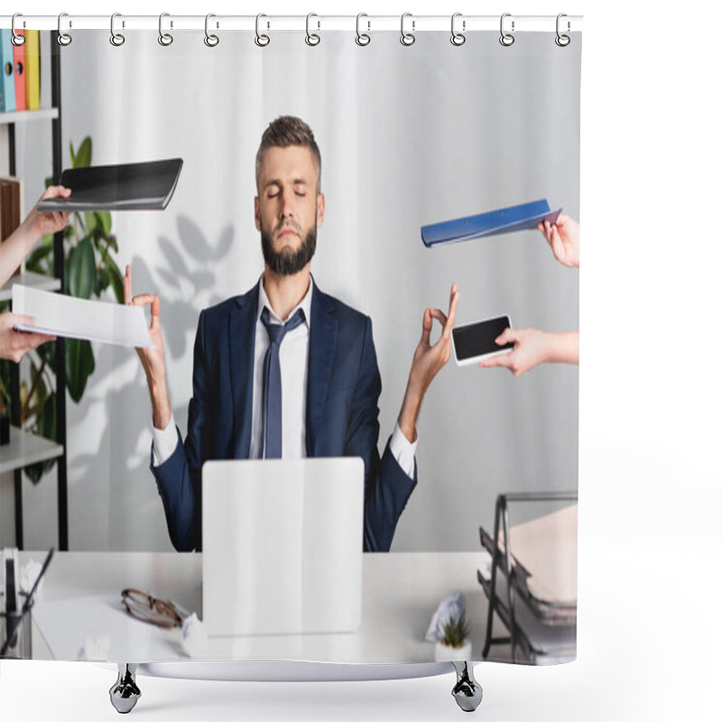 Personality  Businessman Meditating Near Colleagues With Documents And Gadgets On Blurred Foreground In Office  Shower Curtains