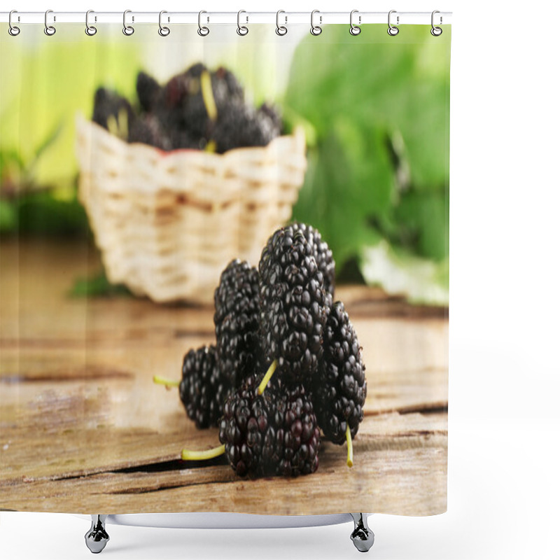 Personality  Fresh Mulberry In Wicker Basket On Wooden Table, Closeup Shower Curtains