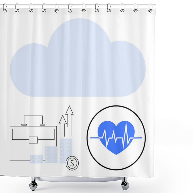 Personality  Large Cloud Above Briefcase And Bar Chart With Up Arrows, Dollar Coin, And Heart With Heartbeat Line. Ideal For Cloud Computing, Business Growth, Financial Planning, Healthcare Tech, Innovation, Data Shower Curtains