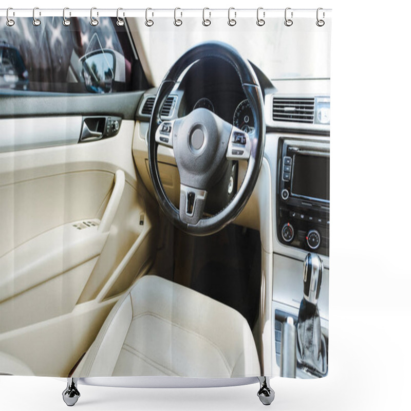 Personality  Cropped Image Of Black Steering Wheel And Beige Leather Seats New Car On Street Shower Curtains