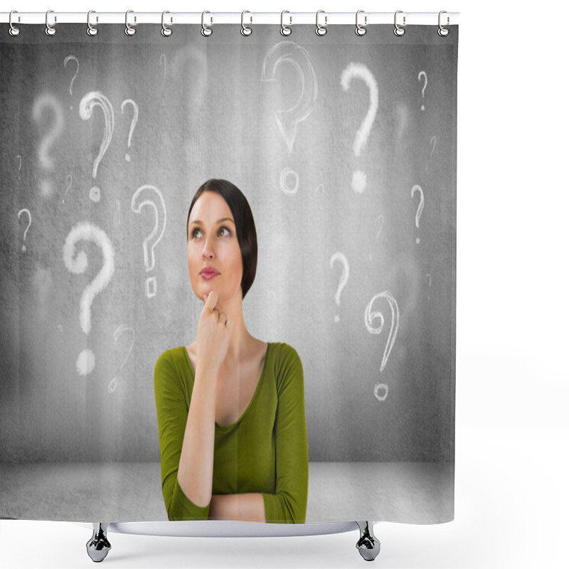 Personality  Beautiful Woman With Questioning Expression And Question Marks A Shower Curtains