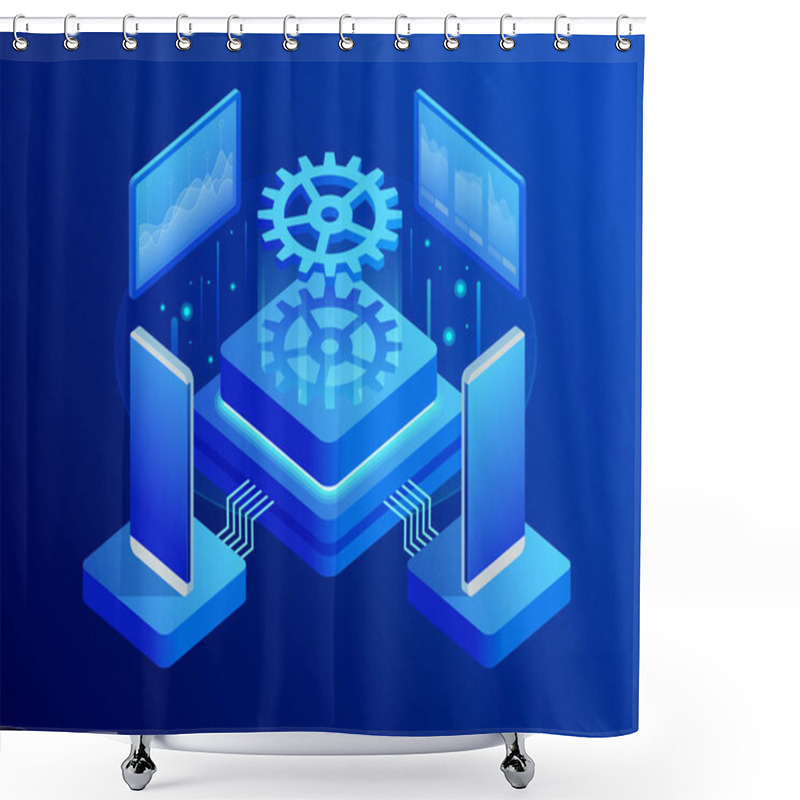 Personality  Isometric Digital Technology Or Mobile Phone Review. Interface Technology, The Future Of User Experience. Vector Illustration Shower Curtains