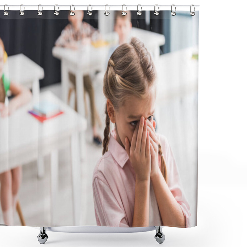 Personality  Selective Focus Of Upset Schoolkid Crying Near Classmates, Bullying Concept  Shower Curtains