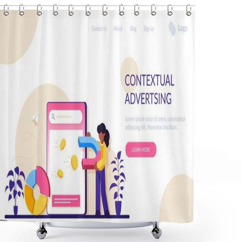 Personality  Contextual Advertsing Online Service Or Platform. Woman With A Magnet Attracts Coins. Marketing Campaign And Social Network Advertising. Modern Flat Illustration. Shower Curtains