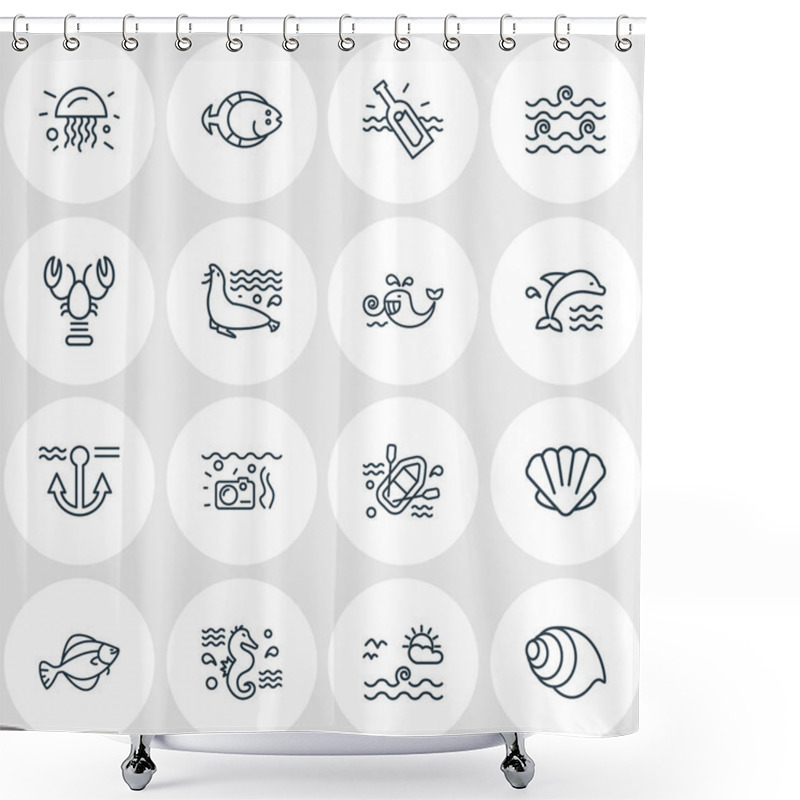 Personality  Vector Illustration Of 16 Naval Icons Line Style. Editable Set Of Rubber Boat, Sea Lion, Jelly Fish And Other Icon Elements. Shower Curtains