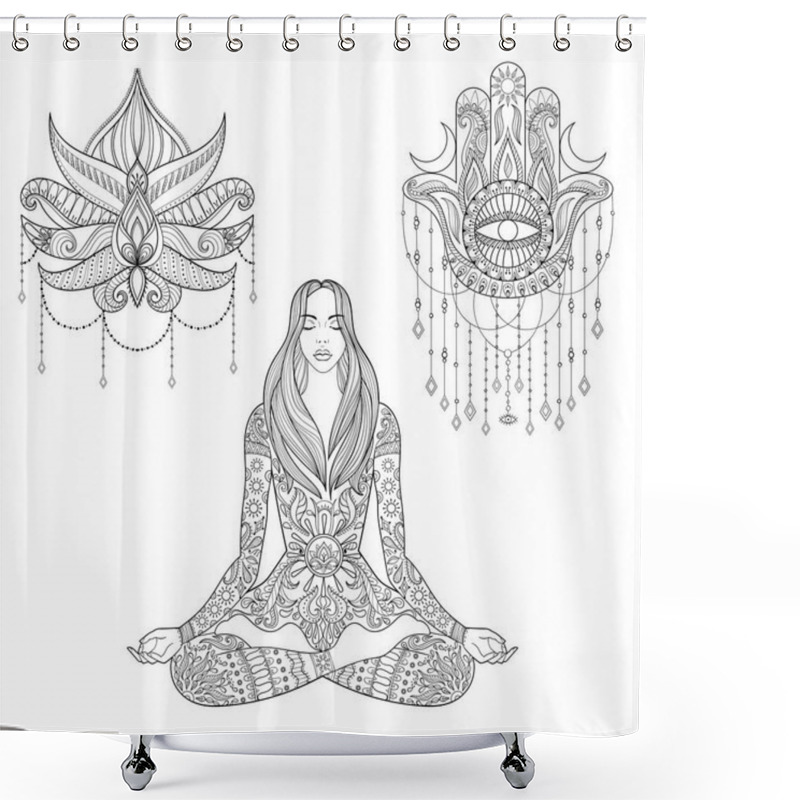 Personality  Woman Sitting In Lotus Position, Hamsa Hand, Flower Tattoo Desig Shower Curtains