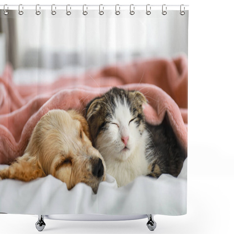 Personality  Adorable Little Kitten And Puppy Sleeping On Bed Indoors Shower Curtains