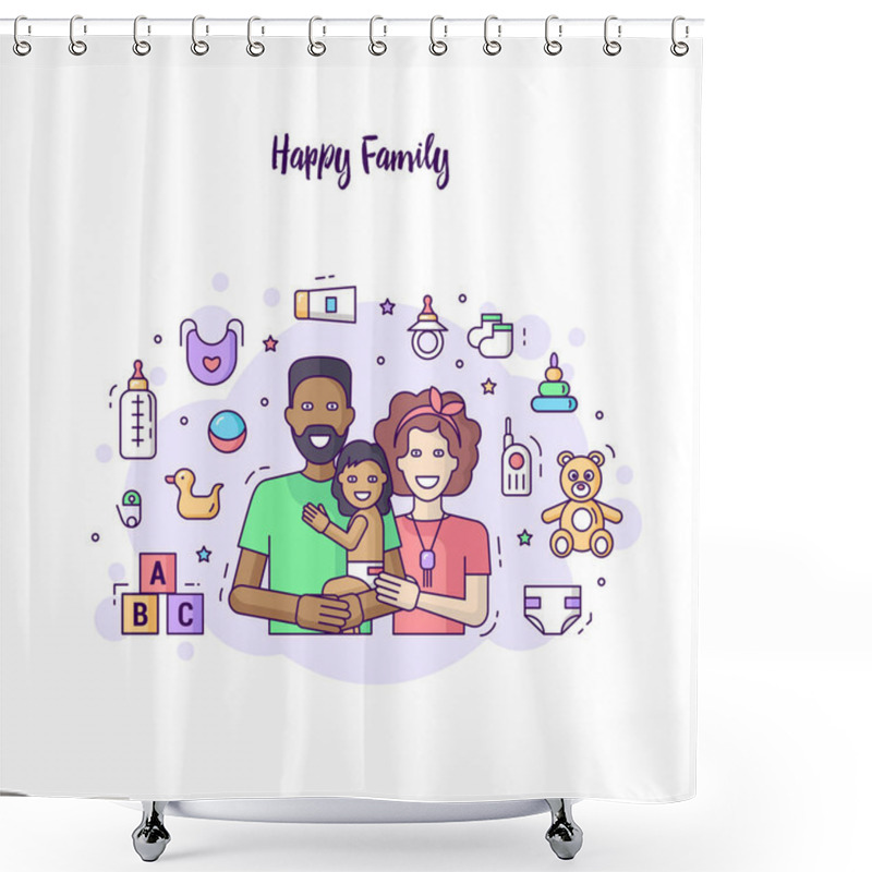 Personality  Horizontal Modern Banner Flat Line Design Happy Family Shower Curtains