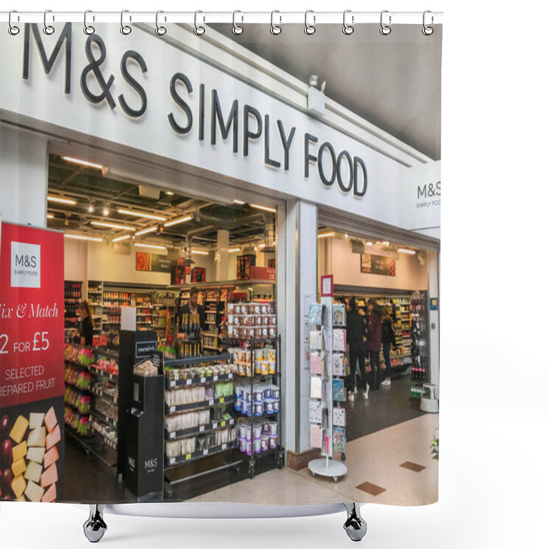 Personality  READING, ENGLAND - FEBRUARY 2019: Branch Of Marks & Spencer Simply Food In The M4 Motorway Service Station In Reading. Shower Curtains