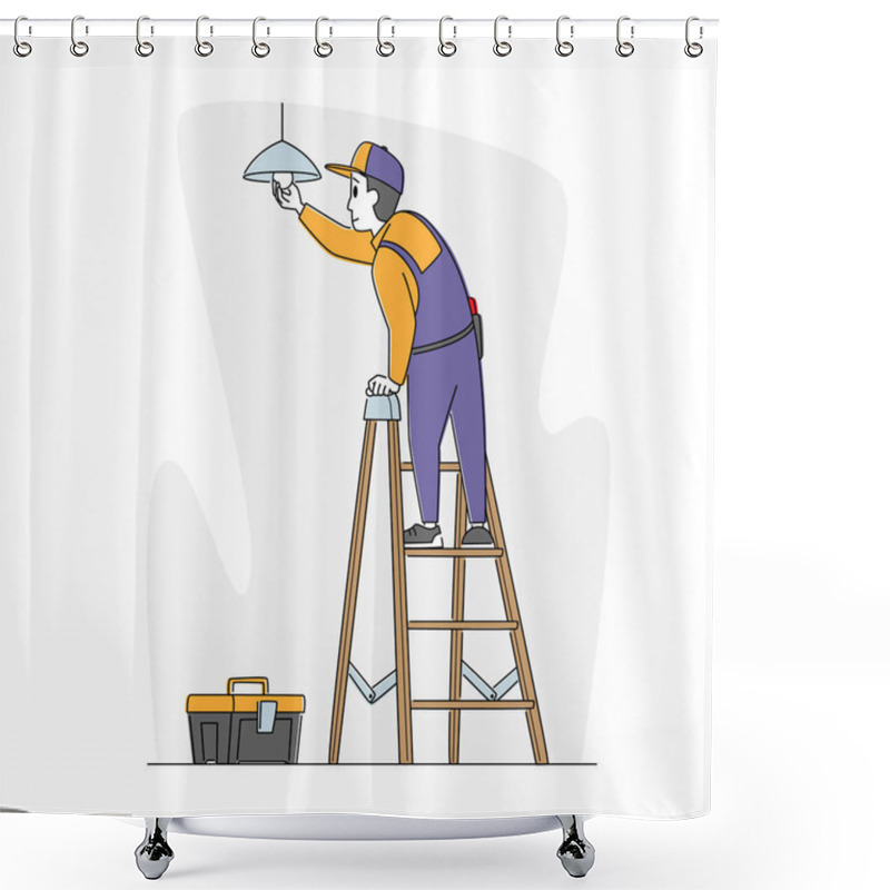 Personality  Man Worker Electrician Character Standing On Ladder In Living Room Hanging Lamp On Ceiling, Changing Burnt Light Bulbs Shower Curtains