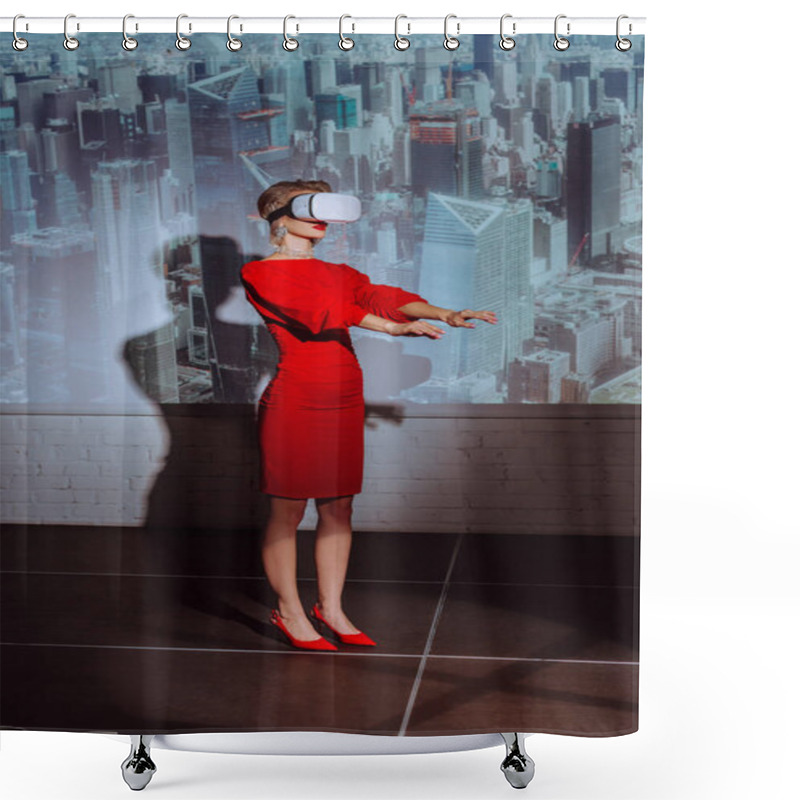 Personality  Stylish Woman With Outstretched Hands In Red Dress And Virtual Reality Headset On City Background  Shower Curtains