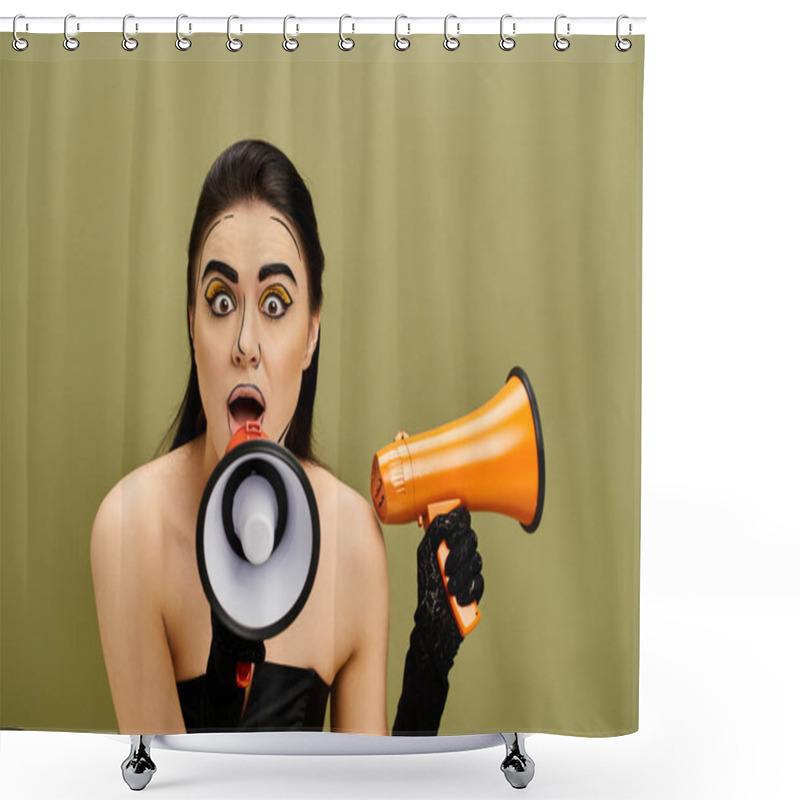 Personality  A Surprised Pretty Brunette Woman, Styled In Pop Art Makeup, Holds A Megaphone With A Shocked Expression. Shower Curtains