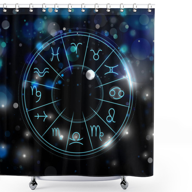 Personality  Illustration Of Zodiac Wheel With Astrological Signs On Dark Background. Bokeh Effect Shower Curtains