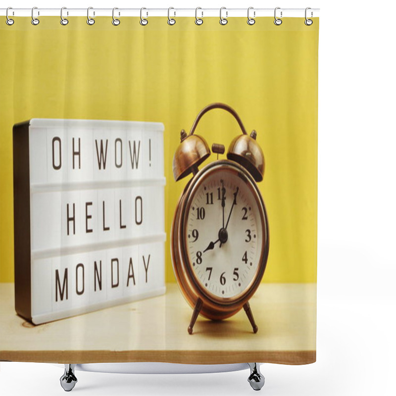 Personality  Hello Monday Text In Light Box With Alarm Clock On Yellow Background Shower Curtains