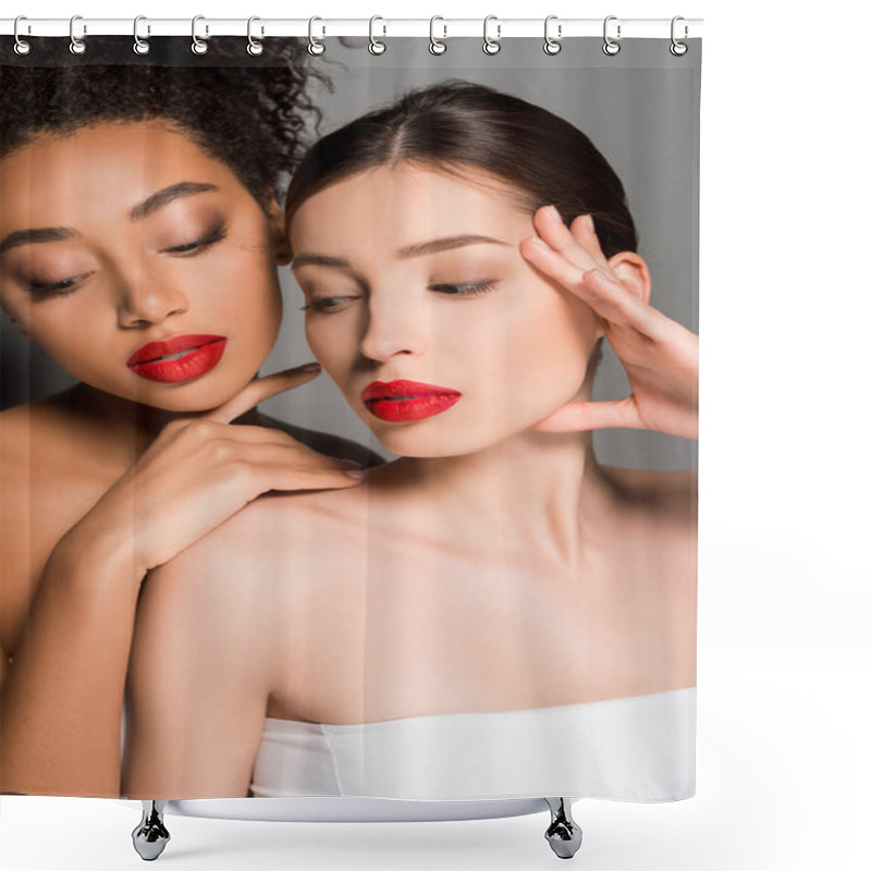 Personality  Attractive Nude Multiracial Girls With Red Lips, Isolated On Grey Shower Curtains