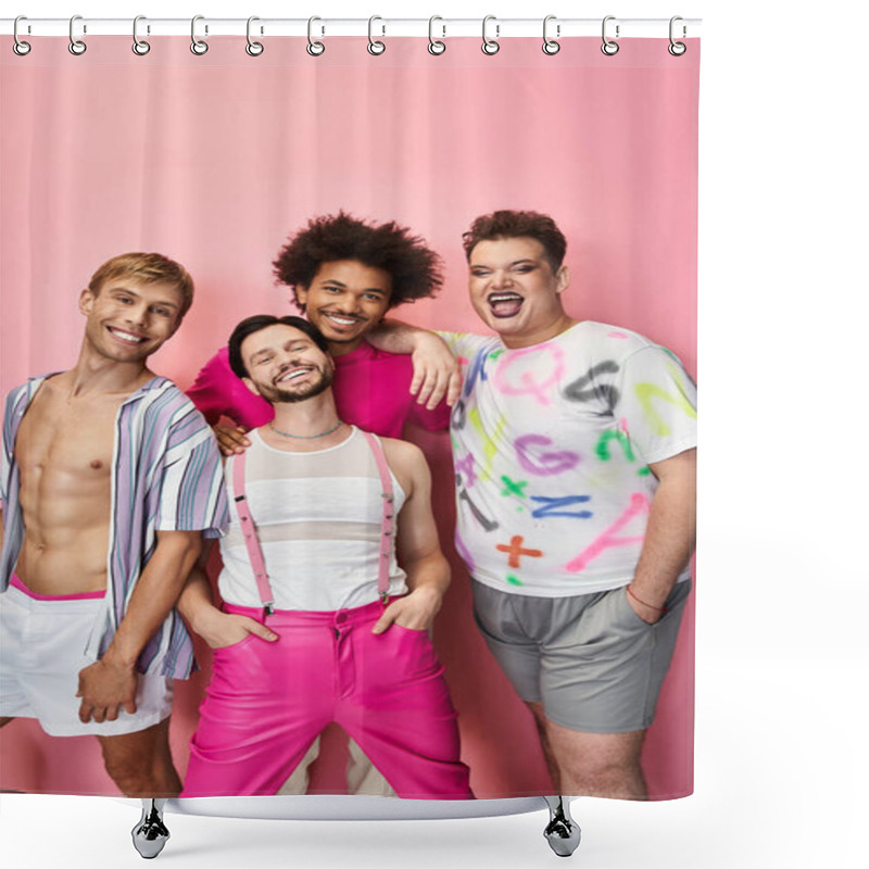 Personality  Four Friends Pose Together In Vibrant Outfits, Exuding Joy And Confidence Against A Pink Backdrop. Shower Curtains