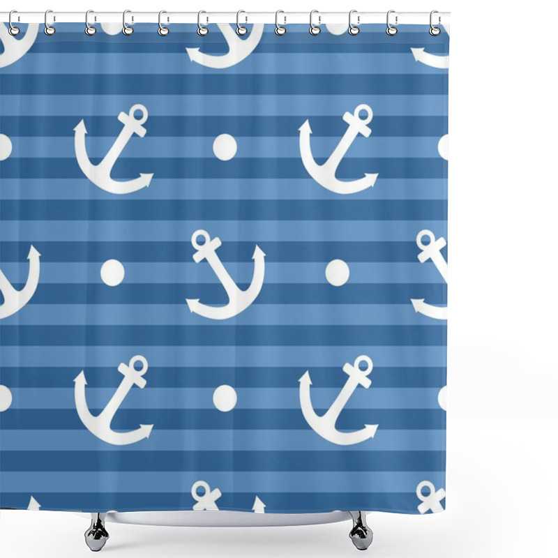 Personality  Tile Sailor Vector Pattern With White Anchor And Polka Dots On Navy Blue Stripes Background Shower Curtains